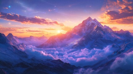 artistic illustration background, breath taking view over sea of cloud, majestic mountain peak with gradient celestial dawn sky, dreamy atmosphere