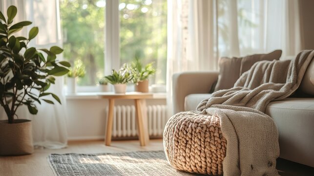 get the calm and comfort of scandinavia in your living room with cozy blankets and nature-themed decor, promoting a peaceful and cozy home ambiance