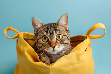 Cute funny cat in bag on color background.