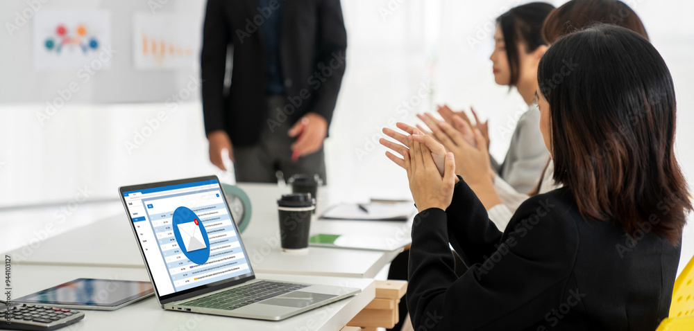 Poster email notification message showing on computer screen snugly. digital marketing message information 