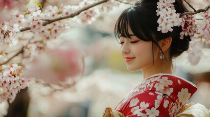 Young Japanese woman in traditional Kimono dress at Rokusonno shrine during full bloom cherry blossom period in Kyoto, Japan