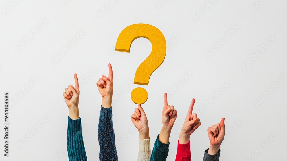 Poster Several hands raised with fingers pointing up at a large yellow question mark on a white background. Concept of inquiry, curiosity, and thinking.