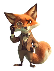 Obraz premium Smart Fox in a Suit with a Magnifying Glass on transparent background. generative ai illustration.