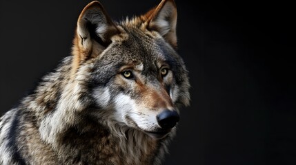 Fototapeta premium Portrait of adult wolf on black background, generative ai