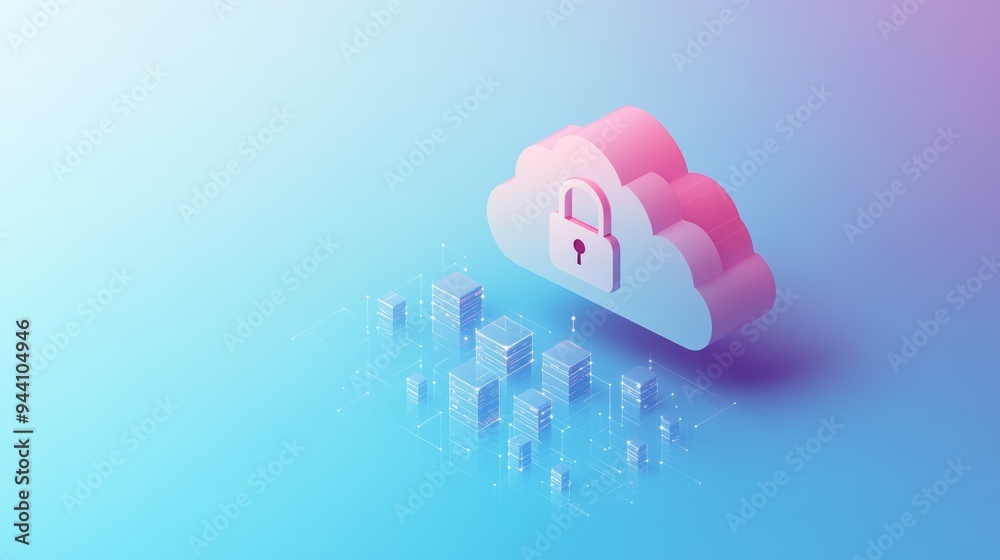 Poster Floating cloud with a lock icon representing secure digital storage and cloud computing. Concept of encrypted online services.