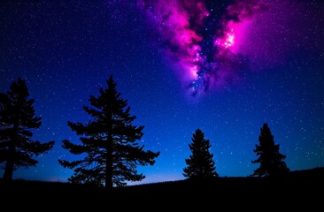 Fototapeta premium Silhouettes of forest trees under starry night violet pink sky. Summer landscape, universe or space, galaxy, stars. Astrophotography. Art wallpaper. 