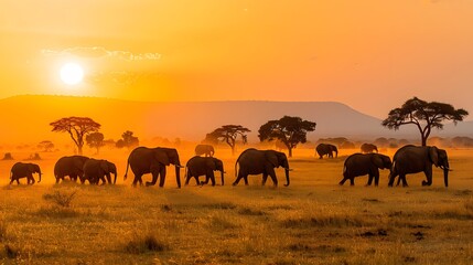 Fototapeta premium Herd of elephants trekking across the African savanna under a breathtaking sunset