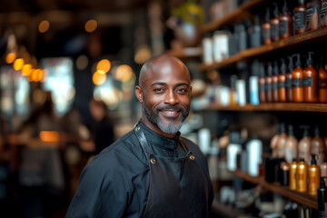 Fototapeta premium A bald black man with a beard smiling at barber shop.