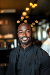 Fototapeta premium A bald black man with a beard smiling at barber shop.