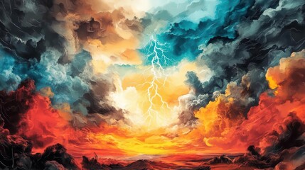 Fototapeta premium Dramatic storm clouds with lightning bolts and a bright sun breaking through.
