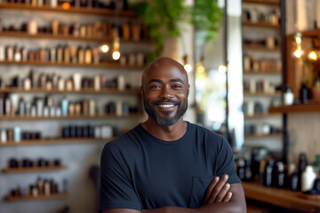 Fototapeta premium A bald black man with a beard smiling at barber shop.