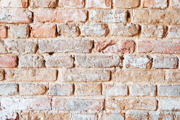 Brick wall background. Urban rustic texture. Antique house exterior wall. Vintage abandoned building architecture. Red brick construction.