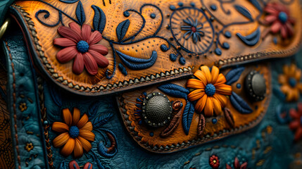 Leather Craft: Embroidered Floral Design on Blue and Orange Leather