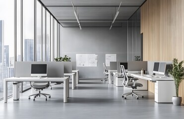 Modern office interior with desks and computers in an open space