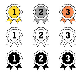 Gold, silver and bronze medal icons set, 1st 2nd 3rd symbol isolated background, winner flat simple infographics design template. Rosette award vector illustration.