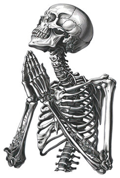 PNG Praying skeleton in grayscale illustration