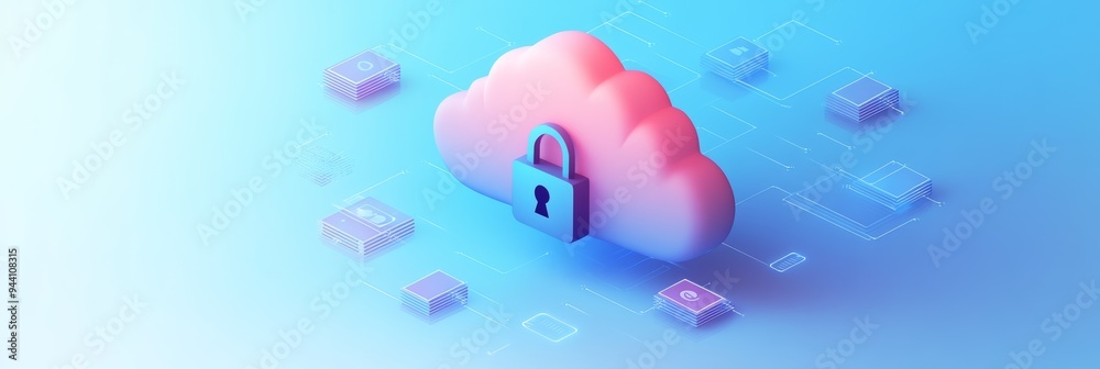 Poster 3D cloud icon with a lock representing cloud security and data protection. Symbol of secure online storage.