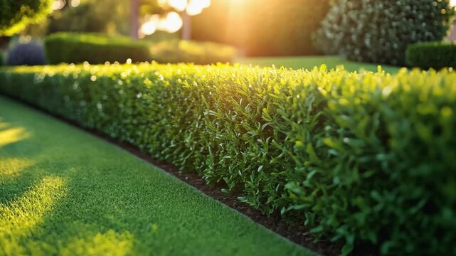 Boxwood hedge separating garden with lush green lawn at sunset