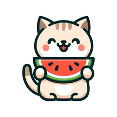 Fototapeta premium cute cat eating watermelon cartoon icon character