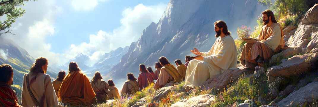 Jesus teaching a group of followers on a mountainside.