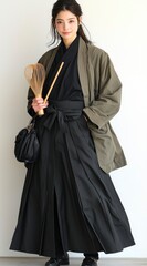 Japanese Woman in Traditional Kimono and Hakama