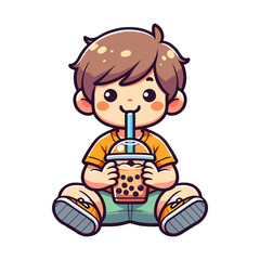 Obraz premium cute boy drink boba cartoon icon character