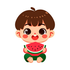 cute boy eat watermelon cartoon icon character