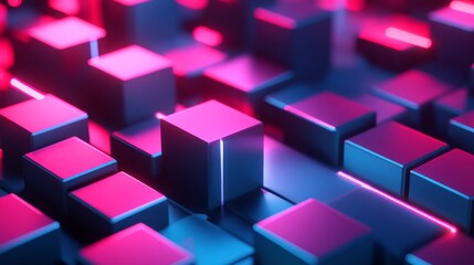 Fototapeta premium Neon Glow on Geometric Blocks, 3D Render, Abstract, Geometric, Neon