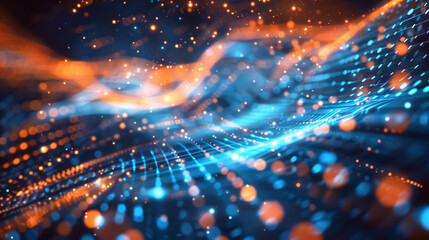 Cyberspace futuristic glowing waves lines from particles dots big data network connection technology science copy space background