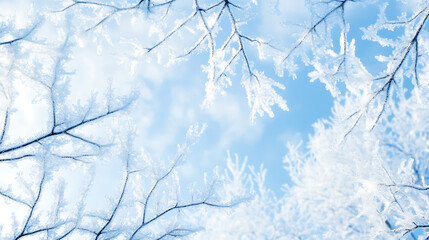 Frost-covered branches reaching towards a bright blue sky. Winter wonderland scene with delicate ice crystals.