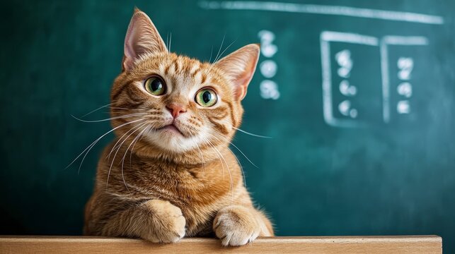 A curious orange tabby cat peeks over a desk in front of a chalkboard.