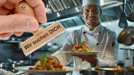 Ein Holzstempel ist beschriftet mit dem Aufdruck: Wir suchen Dich in einer Küche der Gastronomie mit Koch und Speisen - FOTOMONTAGE