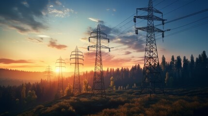Sunlight Shining Through Power Lines. Generative AI.