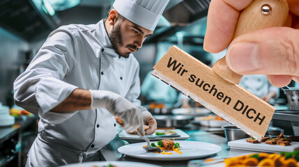 Ein Holzstempel ist beschriftet mit dem Aufdruck: Wir suchen Dich in einer Küche der Gastronomie mit Koch und Speisen - FOTOMONTAGE