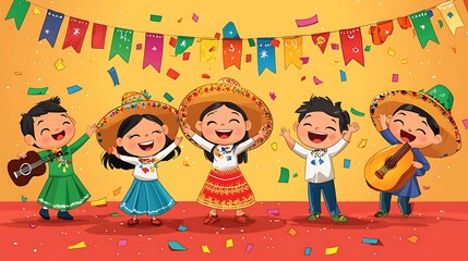 A fun and lively cartoon depicting a group of children celebrating Hispanic Heritage Month with flags and traditional music. 