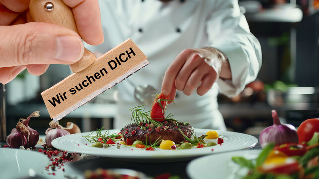 Ein Holzstempel ist beschriftet mit dem Aufdruck: Wir suchen Dich in einer Küche der Gastronomie mit Koch und Speisen - FOTOMONTAGE