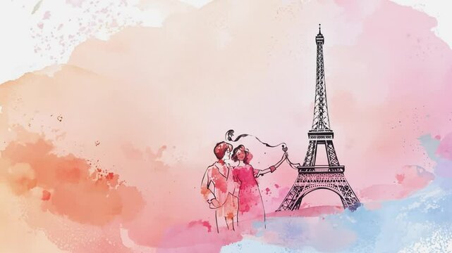 Romantic couple taking selfie with eiffel tower on watercolor background