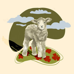 a baby lamb is grazing in a field with red flowers