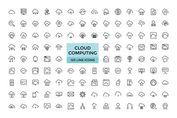 cloud computing line icons Set, cloud services, server, cyber security, digital transformation. Outline icon collection. Editable stroke.