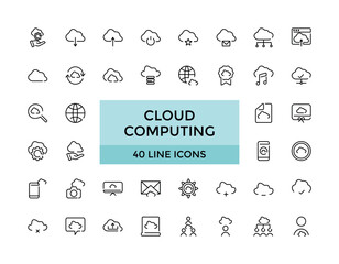 cloud computing line icons Set, cloud services, server, cyber security, digital transformation. Outline icon collection. Editable stroke.