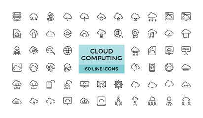 cloud computing line icons Set, cloud services, server, cyber security, digital transformation. Outline icon collection. Editable stroke.