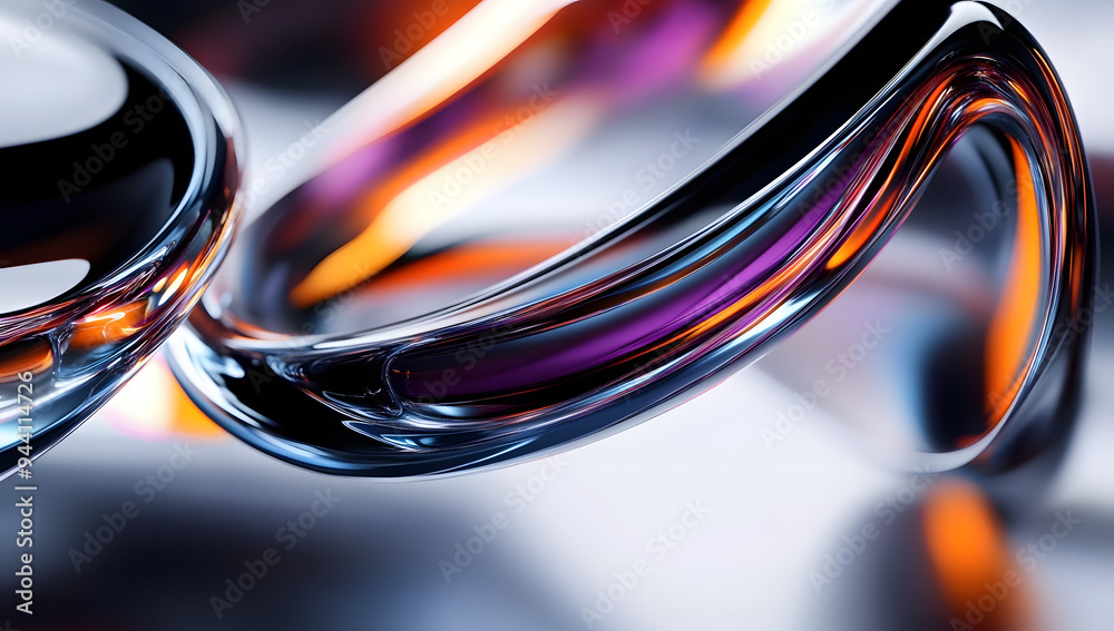 Wall mural a composition of abstract liquid glass with colorful reflections rendered in dynamic 3d.