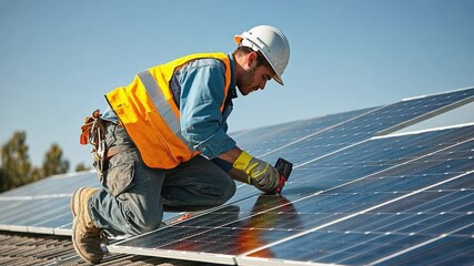 Technician installing solar panels on roof on sunny day