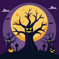 creepy silhouettes of bare trees with pumpkins lying around on a dark background illuminated by a bright moon