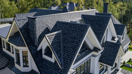 Aerial View of a Modern House with a Black Roof