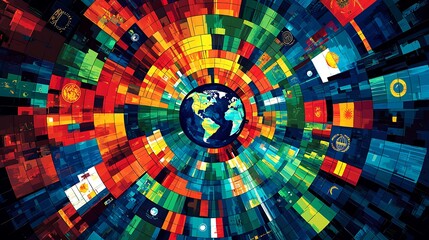 A detailed vector design of Latin American flags, arranged in a dynamic circular pattern with bold outlines. 