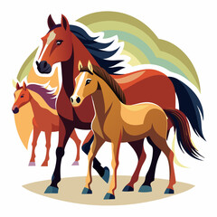 Three Horses Walking Together in a Field