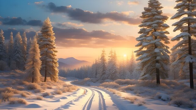a snow-covered road dotted with pine trees that sparkle in the winter sunset's golden light. Perfect for themes related to nature, peace, or winter.