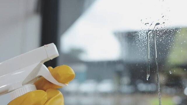 Cleanliness asian young woman working chore cleaning on table at home, hand wearing glove using rag rub remove dust with spray bottle. Household hygiene clean up, cleaner, equipment tool for cleaning