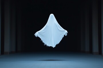 Eerie floating white sheet ghost in dark hallway. Haunting Halloween spirit, creepy and mysterious atmosphere, spectral presence in the shadows.